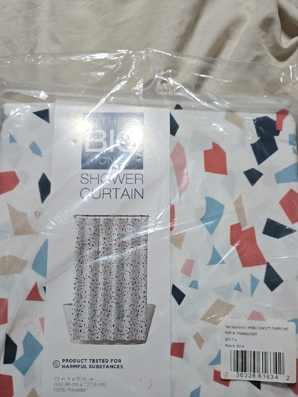 The Big One Confetti Shower Curtain - White with Red, Blue, Black, Tan